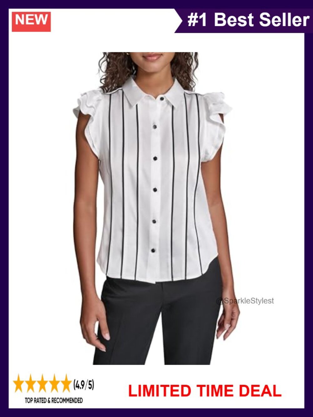 Women's Piping Ruffle Sleeve Collared Neck Blouse Button-Down Work Top